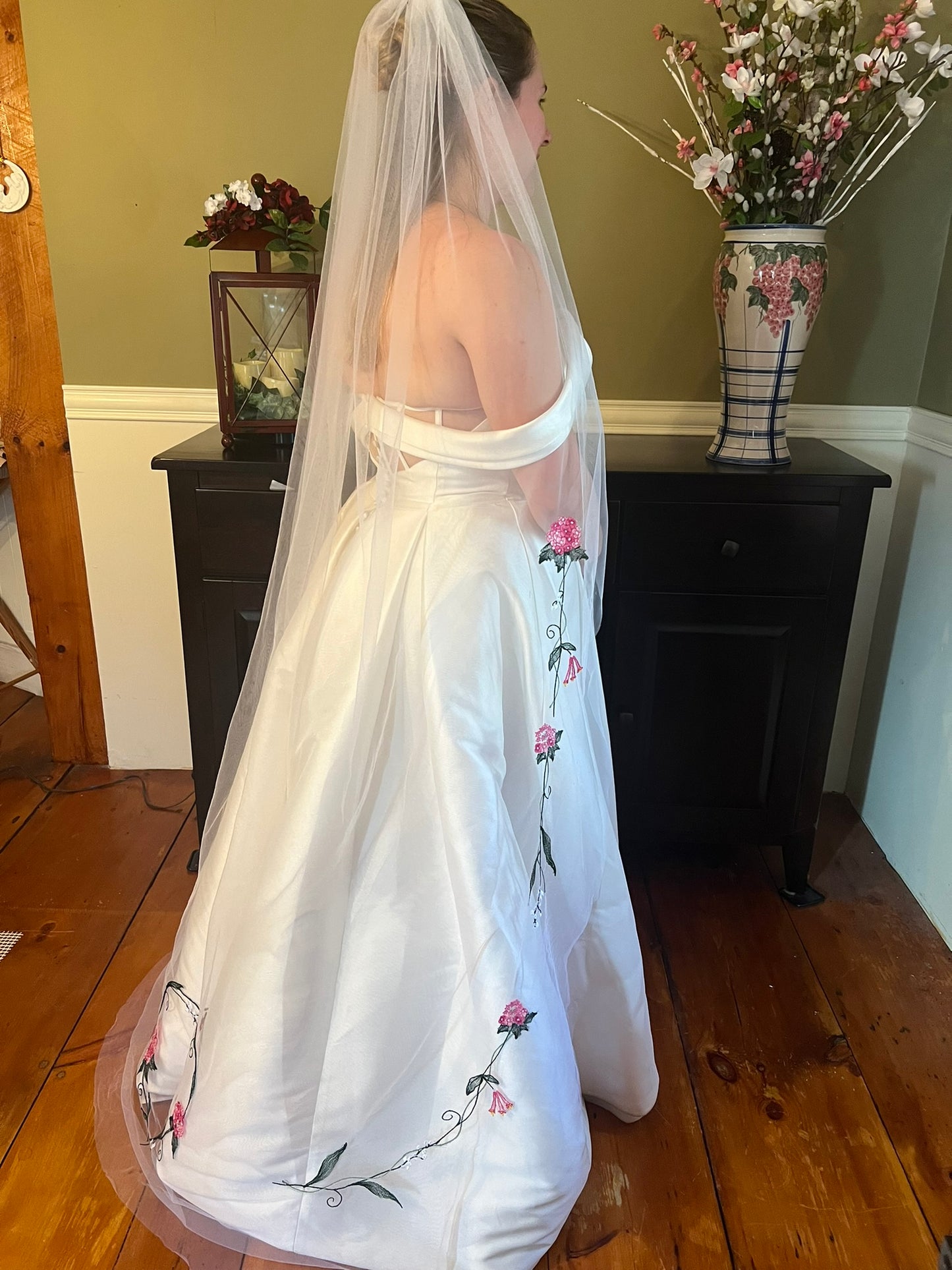 Pink Hydrangea Distinctive Embroidered Veil by Michele
