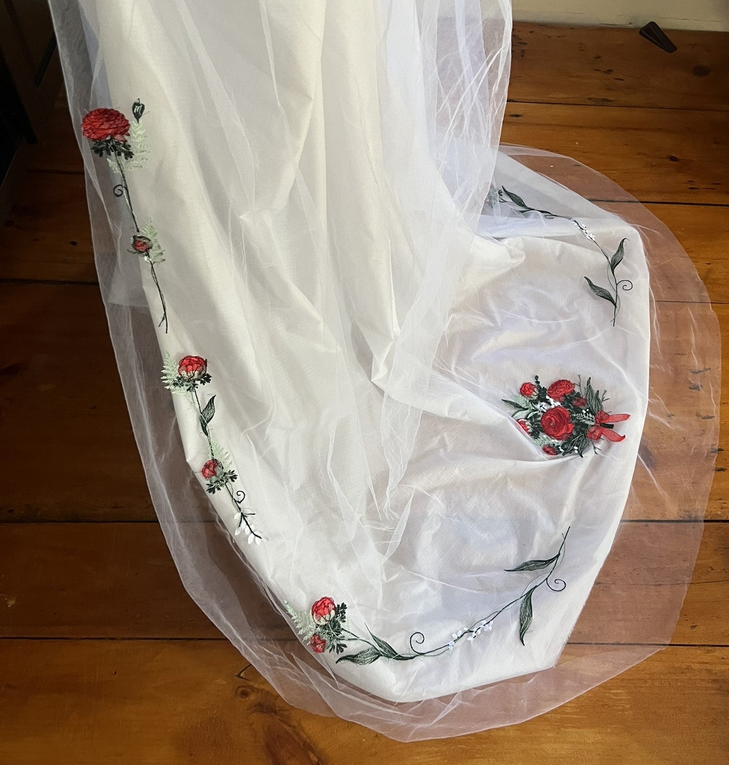 Red Ranunculus Distinctive Embroidered Veil by Michele