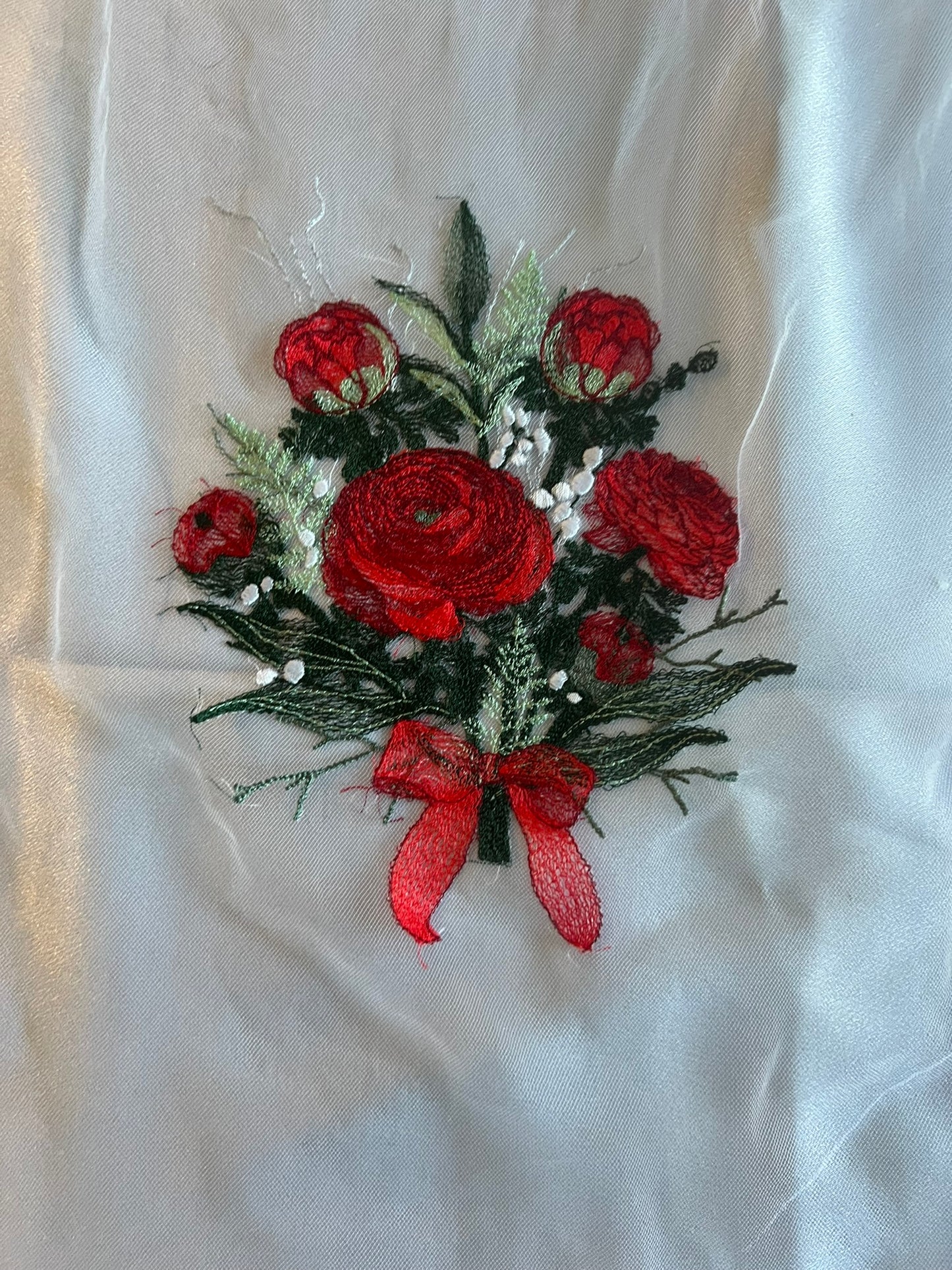 Red Ranunculus Distinctive Embroidered Veil by Michele