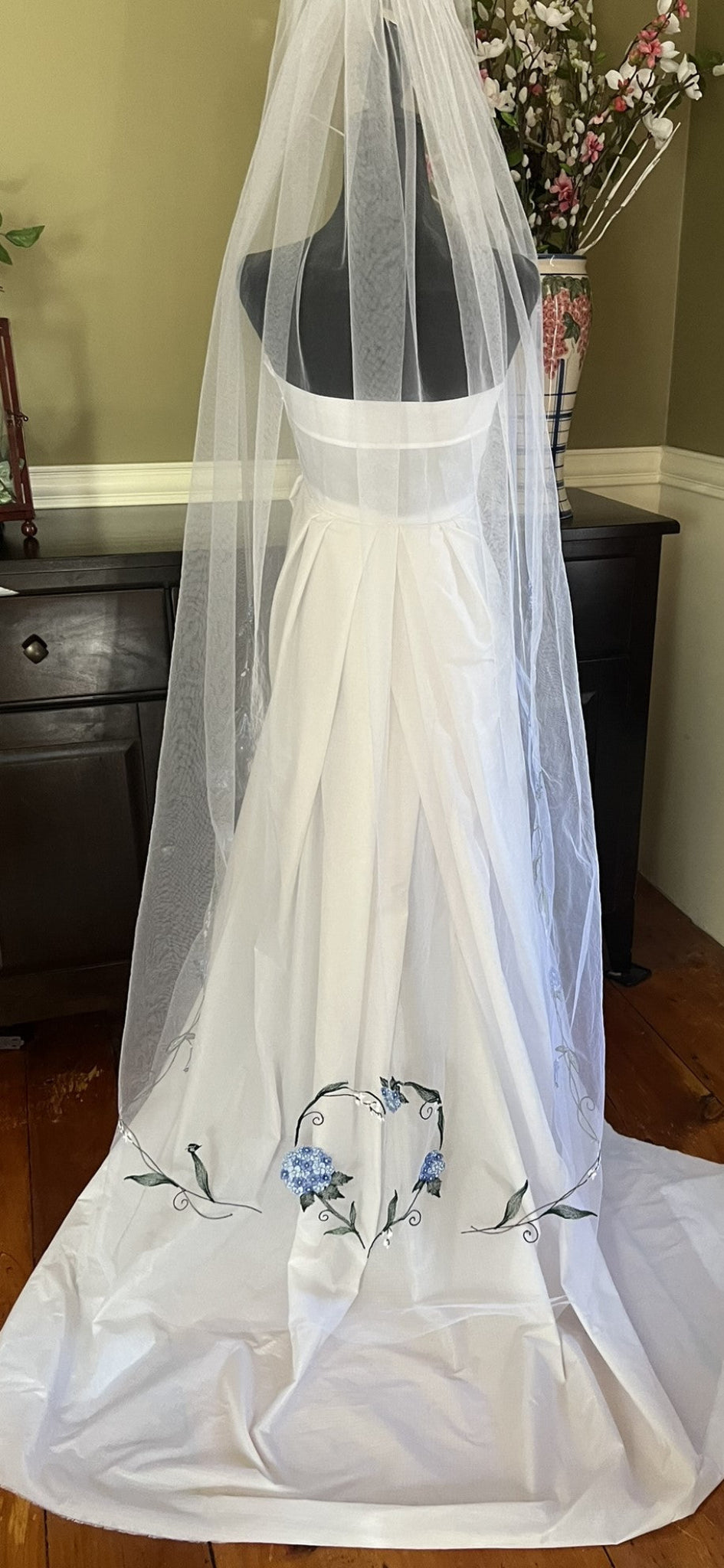 Blue Hydrangea Distinctive Embroidered Veil by Michele