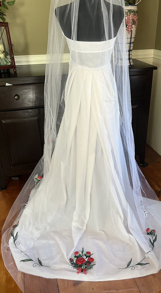 Red Ranunculus Distinctive Embroidered Veil by Michele